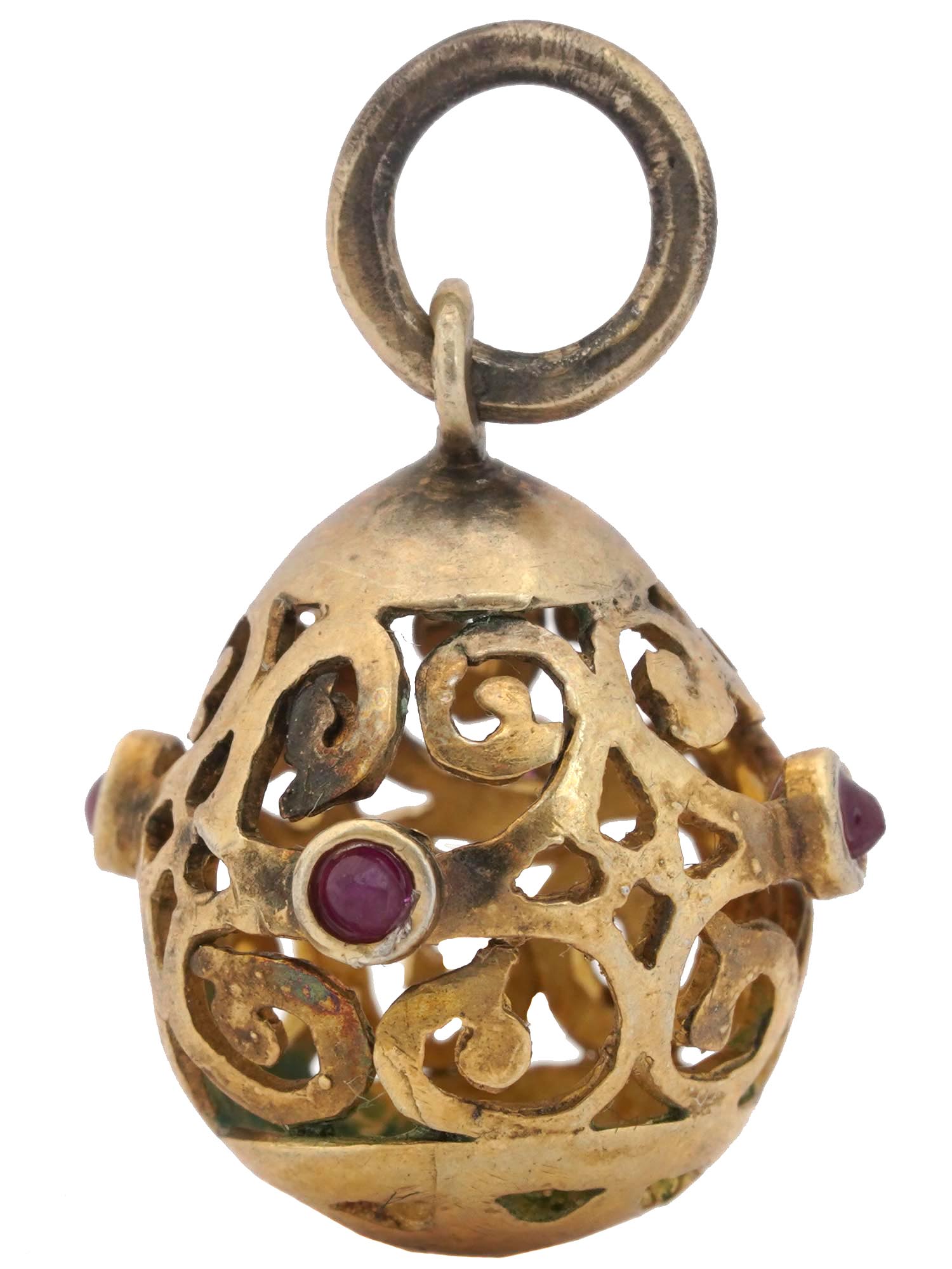 RUSSIAN SILVER GILT OPENWORK EGG PENDANT W. RUBY